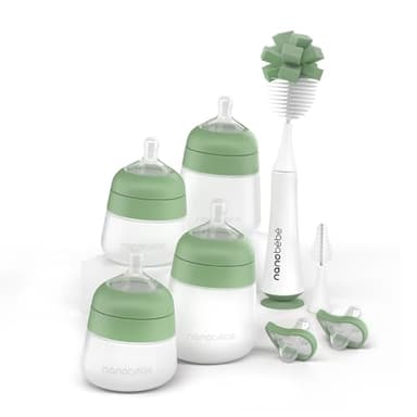 Nanobebe Silicone Baby Bottle Flexy Set with Anti-Colic Nipples, Bottle Brush and Pacifiers - 5oz and 9oz - Sage