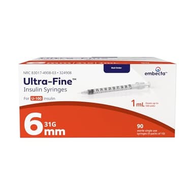 BD Ultra-Fine Syringes 31G x 6mm, 1cc, Box of 90