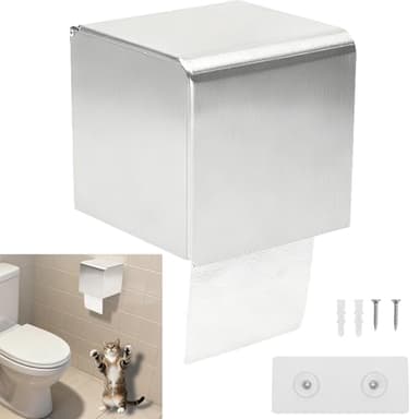 Desyeryamimi Cat Dog Proof/Waterproof/Covered Toilet Paper Holder with Storage, Stainless Steel Self Adhesive Toilet Paper/Tissue Holder/Dispenser Wall Mount for Bathroom No Drill (Silver)