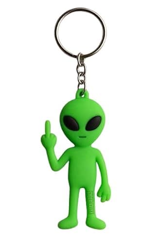 KEYZ Glow in the Dark Green Alien Keychain with Middle Finger Gesture, Novelty UFO Extraterrestrial Key Ring