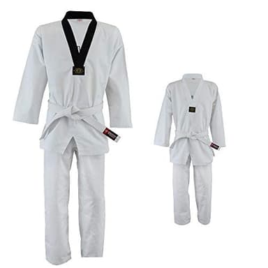 twister fight wear Taekwondo Uniform, 8oz Poly/Cotton, White Belt Included (BLACK-V, 4)