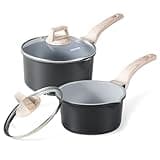 CAROTE 1.5Qt & 3.0Qt Sauce Pan Set with Lid Nonstick Ceramic Saucepan with Pour Spout 4 Pcs Sauce Pots Non-Toxic Cooking Pots (Black/Gray)