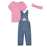 Ms. Rachel Toddler Girls Denim Cosplay Overall, T-Shirt and Headband 3 Piece Outfit Set Blue Denim/Pink 2T