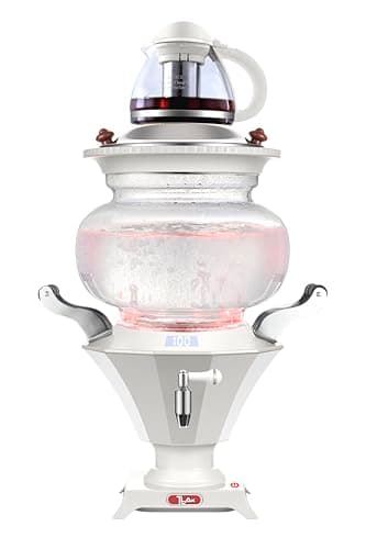 Electric Glass Samovar Tea Maker – 6L Water Boiler & Warmer with LED Display, 1.2 L Glass Teapot with Infuser, Chrome Spout, Auto Keep Warm – Persian Turkish Russian Style (White Base)