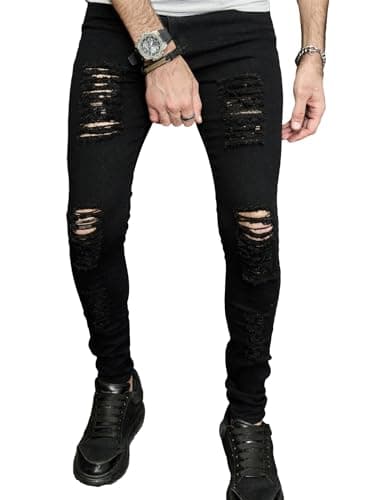 WDIRARA Men's Denim Splash Ink Print Ripped Raw Hem Distressed Skinny Jeans Pants with Pockets Black 32