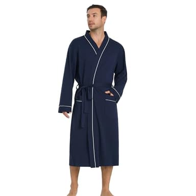 Vulcanodon Luxury Cotton Robe for Men, Soft Breathable Kimono Bathrobe with Pockets for Lightweight(Navy,L/XL)