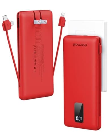 charmast Portable Charger with Built-in Cables and Plug, 10000mAh USB C Power Bank Fast Charging, External Battery Pack Slim, Travel Essentials Compatible with iPhones, Samsung Galaxy, iPad