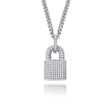 TOPGRILLZ 14K Gold Plated Iced out Lock Pendant Necklace for Women and Men Punk Rock Aesthetic Chains Padlock Necklace (White Gold)