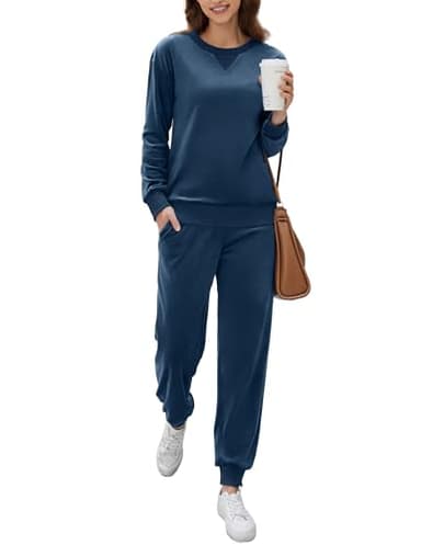 Ekouaer Womens Pajamas Sets Velvet Long Sleeve Jogger Pjs Soft Sleepwear 2 Piece Lounge Sets Casual Tracksuits Navy blue XL