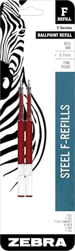 Zebra Pen Steel, F-Refill Ballpoint Ink Refills, 0.7mm Fine Point, Red Ink, Fits Zebra F-301, F-402, and F-701 Ballpoint Pens, Smooth Writing Performance, 2-Pack (85532)