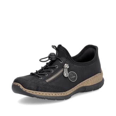 Rieker N3267 Nikita Slip-On Women's Sneakers - Lightweight Walking Shoes with Shock-Absorbing Sole, Elastic Lacing, Premium Cushioning Footbed for Everyday Wear Black/Black/Black 7-7.5 M US