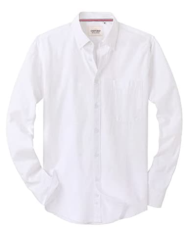 Alimens & Gentle Mens Solid Oxford Shirt Long Sleeve Dress Shirt Work Casual Button Down Shirts with Pocket,White,Large