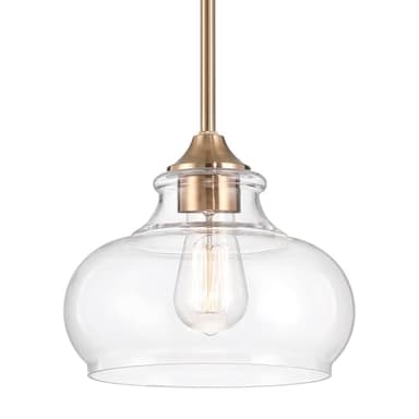 Kira Home Harlow 9" Modern Industrial Farmhouse/Schoolhouse/Rustic Pendant Light with Clear Glass Shade, Adjustable Hanging Height, Cool Brass Finish