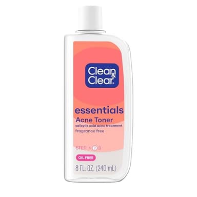 Clean & Clear Essentials Oil-Free Acne Toner, 2% Salicylic Acid Acne Treatment, Gentle Facial Toner for Pimples Cleanses Pores to Clear & Remove Blackheads, Fragrance Free, 8 fl. oz