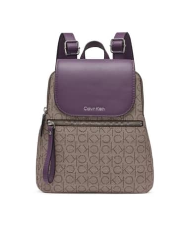 Calvin Klein Women's Elaine Signature Key Item Flap Backpack, Almond/Taupe/Winter Plum, One Size