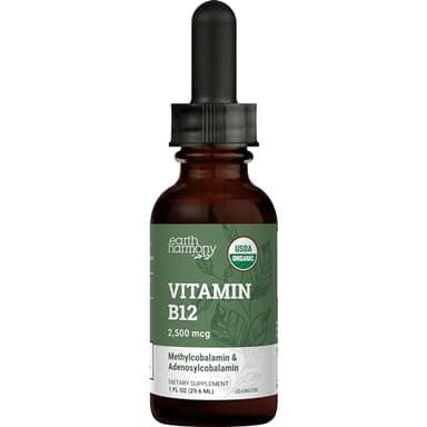 Earth Harmony Naturals Organic Vegan Vitamin B12 Sublingual Liquid Supplement - 2500mcg Methylcobalamin Drops for Natural Energy, Metabolism Health and Immune System Support - 1 Fl Oz