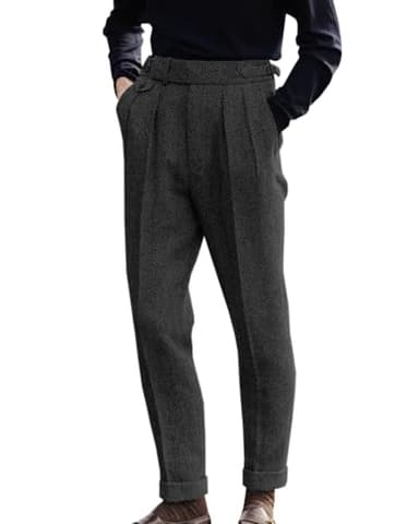 Men's High Waisted Tweed Dress Pants Pleated Front Vintage Wool Trousers (Black, 36W x 30L)