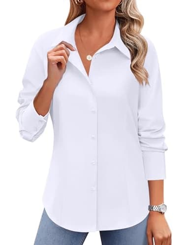 Zeagoo Soft Wrinkle Free Button Up Shirts for Women Solid Long Sleeve Tops Formal Work Office Business Blouses White S