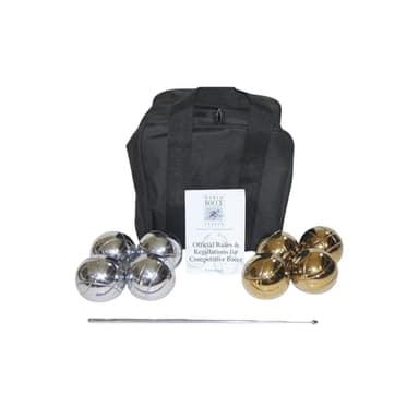 BuyBocceBalls Listing - Unique 73mm Petanque/Bocce Pack - with Mix of 8 Gold/Silver Balls, Black Nylon case, Rule Book and extendable Measuring Device