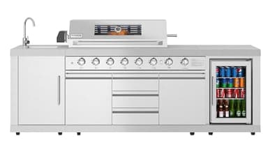 KoolMore Reserve Outdoor Kitchen Island with 6 Burner Grill and a Side Burner, Sink, Storage Cabinet and Beverage Refrigerator, CSA Listed in Stainless-Steel (KM-OKS-BQHUB)