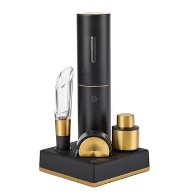Rabbit 5-Piece Electric Wine Set with Automatic Corkscrew, Aerator, Foil Cutter, Vacuum Preserver, Charging Base, Black and Gold