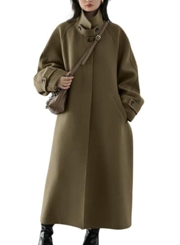 chouyatou Women's Winter Hidden Single Breasted Wool Coat Raglan Sleeve Business Long Wool Overcoat (X-Large, Dark Khaki)