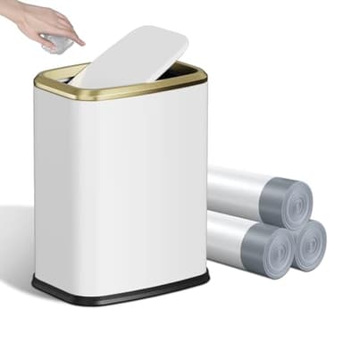 KHMMGK 8L/2.1 Gallon Small Bathroom Trash Can with Lid, Swing-Top Rectangular Waste Bin, Stainless Steel Garbage Can for Home, Office, Toilet, Bedroom, Living-Room (White)