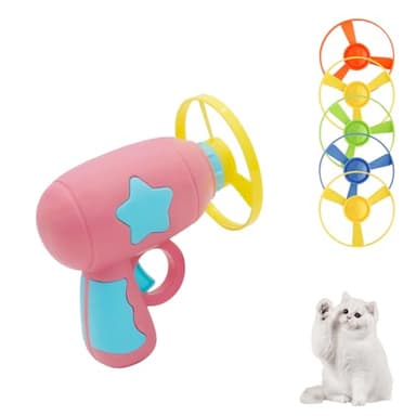 Andiker Cat Fetch Toy, Interactive Kitten Flying Disc Launcher Toy with 5 Colorful Flying Propellers for Cat Enrichment, Flying Saucer Toy for Cats for Training and Chasing (Pink)