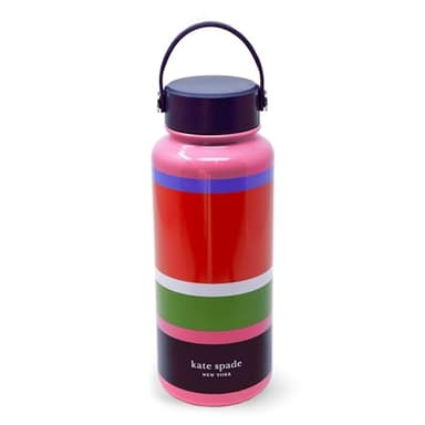 Kate Spade New York Large Insulated Stainless Steel Water Bottle, 33 Ounce Metal Water Bottle, Double Wall Travel Tumbler with Lid (Sunny Day Stripe)