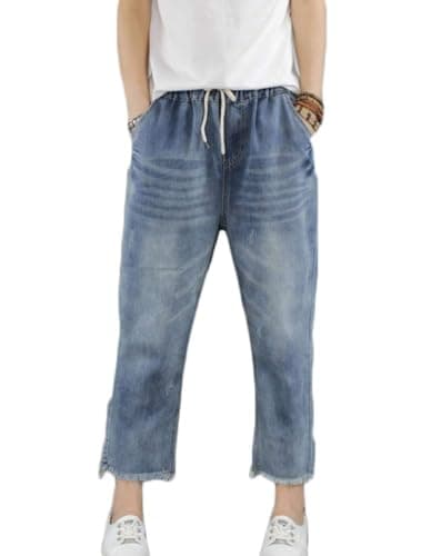 FTCayanz Women's Elastic Waist Cropped Jeans Baggy Drawstring Stretch Denim Pants with Pockets Style2 L