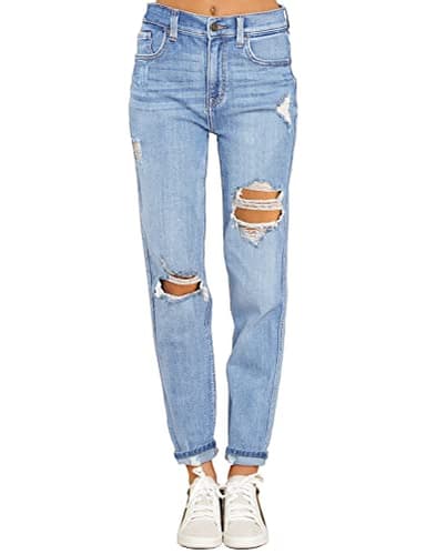 luvamia Women's Casual Ripped Jeans High Waisted Boyfriend Jeans Tapered Mom Jeans Denim Pants Nightfall Blue Size Medium