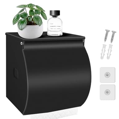 FARVIGOR Toilet Paper Holder Wall Mount, Self Adhesive Toilet Paper Holder with Shelf, Waterproof Stainless Steel Bathroom Toilet Tissue Roll Holder Cat Dog Proof, Black