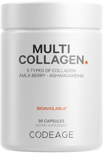 Codeage Multi Collagen Peptides Protein Capsules, 5 Collagen Types, Grass-Fed & Hydrolyzed Bovine Collagen Pills Supplement, Ashwagandha, Amla Berry Vitamins, Collagen Peptides - 90 Capsules