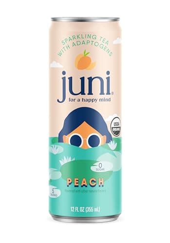 Juni Sparkling Adaptogen Drink with Ashwagandha, Lion’s Mane & Reishi Mushrooms, Zero Sugar, 5 Calories, Organic, Peach 12 Fl Oz