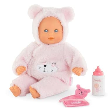 Corolle My First Baby Doll Cuddly Teddy Bear - 12" Soft Boy Baby Doll with Vanilla Scent, Pink Bear Outfit & Sleeping Eyes for Girls, Cute Reborn Realistic Baby Dolls for 2 Year Old Girls