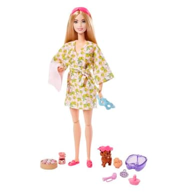 Barbie Doll, Kids Toys, Blonde Doll with Pet Puppy, Barbie Sets, Spa Day, Lemon Print Bathrobe, Headband and Eye Mask, Self-Care Series