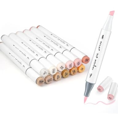SFAIH Skin Tone Brush Tip Alcohol Markers - 12 Light Skin Colors Double Tipped Art Markers for Artist Adult Coloring Illustration, Gifts for Artist Adult, Dual Tip Brush & Chisel - Refillable Ink