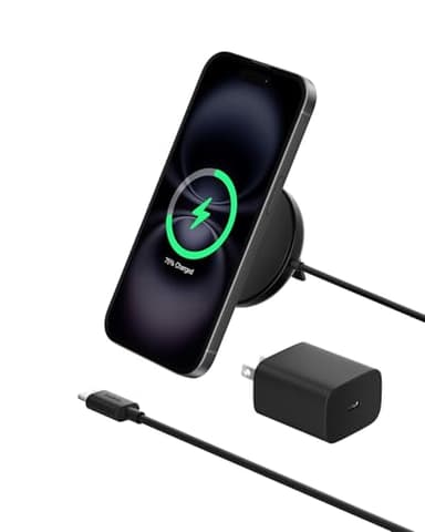 Belkin Magnetic Wireless Charging Pad Qi2 15W w/Kickstand - MagSafe-Compatible Qi2-Certified Wireless Charger for iPhone 17, Samsung Galaxy S25, AirPods, & More w/Power Supply Included - Black