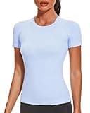 Stelle Women Workout Tops Short Sleeve Seamless Athletic Shirts Yoga Gym Sports Breathable Tees(Blue,S)