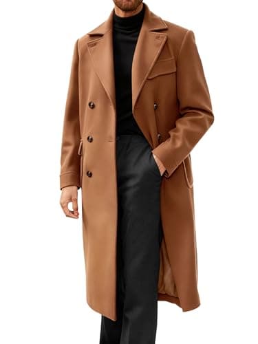 Runcati Mens Trench Coat Notch Lapel Double Breasted Peacoat Wool Blend Casual Long Overcoat
