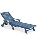 SERWALL Patio Chaise Lounge Chair, 78'' Long HDPE Outdoor Lounge Chair 5 Positions Adjustable Outdoor Lounger, Poly Lounge Chair with Rolling Wheels & Cup Holder for Pool, Navy Blue