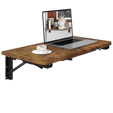 TEAMIX Wall Mounted Folding Table, Rustic Brown Floating Wall Desk for Small Spaces, Drop Leaf Dining Table for Kitchen Fold Down Laundry Shelf with Heavy-Duty Brackets