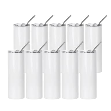 PYD Life 10 Pack Sublimation Tumblers Bulk Blank 20 OZ Skinny White Stainless Steel Tumbler Cups with Straw and Lid for Mug Tumbler Heat Press Sublimation Oven Printing