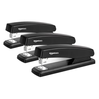 Amazon Basics Desktop Office Stapler, Lightweight, 25 Sheet Capacity, Non-Slip, Black, 3-Pack with 1000 Staples