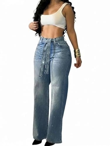 CHICME High Waisted Wide Leg Jeans for Women Rhinestone Embellished Denim Pants with Matching Sparkle Belt-bl-L Blue