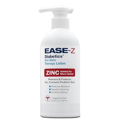EASE-Z Diabetic Lotion for Dry Skin. Clinically Proven ingredients and ZINC relieve dryness, reduce redness, and calm itching. With Shea Butter. Fast-Acting, Long-Lasting. 10.9 oz