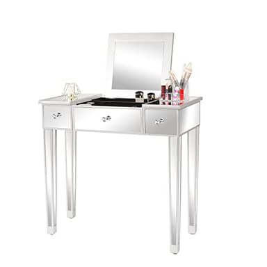 VINGLI Mirrored Makeup Vanity with Desktop Flipped & 1 Drawer, Multifunctional Home Office Desks, Modern Console, Sofa, Makeup Table for Bedroom/Living Room/Entryway, Silver