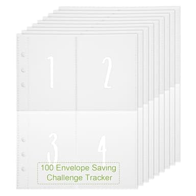 25 Pcs 4 Pocket 100 Envelopes Money Saving Challenge Money Saving Book Binder Sleeves fit for 6 Ring A5 Binder, Pre-Printed 1~100 Numbers Pockets Refill Pages,Top Loading Currency Pages