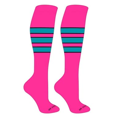 Mk Socks Striped OTC Baseball, Softball, Football Socks (C) Hot Pink, Black, Marlin Teal (L)