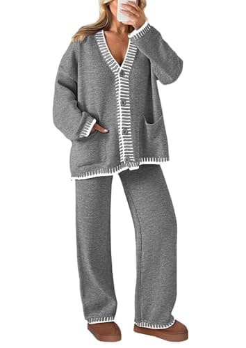 PRETTYGARDEN Lounge Sets for Women Fall 2026 Loungewear 2 Piece Outfits Cardigan Sweaters Track Suit Matching Winter Clothing (Grey,Large)